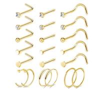 LOCCY 21-30PCS 20G Nose Rings Nose Studs, Stainless Steel Nose Rings L-Shaped Nose Stud Screws with Cubic Zirconia Nose Piercing Jewellery for Men Women, Silver/Gold (Gold-21PCS)