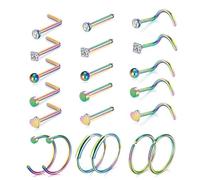 LOCCY 21PCS 20G Nose Rings Nose Studs, Stainless Steel Nose Rings L-Shaped Nose Stud Screws with Cubic Zirconia Nose Piercing Jewellery for Men Women, Silver/Gold (Colorful)