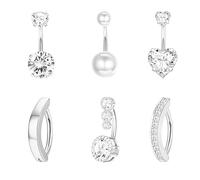 LOCCY 5-6PCS Silver Gold Belly Button Rings, Stainless Steel 14G Belly Button Bars Navel Bars CZ Heart Butterfly Flower Bow Navel Bars Dangly Belly Button Piercing Jewellery for Women (Silver-6PCS)