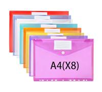 LOCCY 8 Pack Plastic Wallets A4 Folders for Paperwork, 8 Colors Document Wallets Folders with Label Pocket and Snap Button, A4 Plastic Wallet for Office Stationary Home School Travel (A4-8PCS Punched)