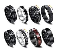 LOCCY 8 pcs Men Stainless Steel Spinner Rings, Black Spinner Rings for Men Women, Cool Chain Anxiety Ring Men Ring Set, 8mm Wide - Gift for Father's Day (N 1/2)