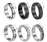 LOCCY Anxiety Ring for Women Men, 6 Pcs Stainless Steel Spinner Rings Star and Moon Spinner Rings Mens Spinners Ring for Anxiety Wedding Band Ring Engagement Promise Ringe Black/Silver