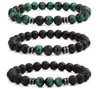 LOCCY Men Beaded Bracelets Set, 3PCS 8mm Natural Stone Beads Bracelets Stretch Tiger Eye Bracelet Lava Rock Bracelet for Men Women for Birthday Father's Day Christmas Gifts (Green Tiger Eye+Lava Rock)