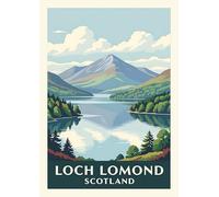 Loch Lomond Scotland Vintage Travel Art Print, Mountain Lake Landscape Wall Poster. Size A4