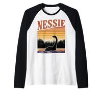 Loch Ness Monster Nessie Retro Sunset Lake Raglan Baseball Tee