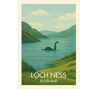 Loch Ness Scotland Vintage Style Travel Art Print, Lake Monster Illustration, Scenic Highland Landscape Poster. Size A4