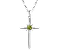 LOCIBLO August Birthstone Necklaces for Women 925 Sterling Silver Cross Pendant White Gold Green Synthetic Peridot Necklace Crucifix Jewellery for Her, 16"+2"