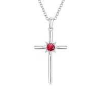 LOCIBLO July Birthstone Necklaces for Women 925 Sterling Silver Cross Pendant White Gold Red Synthetic Ruby Necklace Crucifix Jewellery for Her, 16"+2"