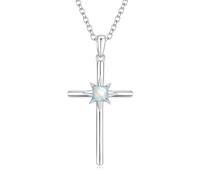LOCIBLO June Birthstone Necklaces for Women 925 Sterling Silver Cross Pendant White Gold Created Moonstone Necklace Crucifix Jewellery for Her, 16"+2"