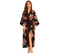LOCIIXAT Women Floral Print Kimono Robe Long Satin Dressing Gown Blossom Silky Robes Lightweight Dressing Gown, Black