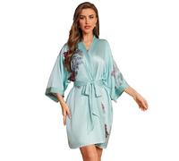 LOCIIXAT Womens Flower Printed Short Dressing Gown Robe Silky Bridal Kimono Robes with 3/4 Sleeves, Mint Green