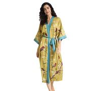 LOCIIXAT Womens Maxi Dressing Gown Long Satin Robe Printed Pattern, Yellow