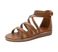 LOCIIXAT Women's Summer Braided Cross Strappy Gladiator Sandals Zip Back Dressy Flat Sandals with Ankle Strap, Brown 6 UK