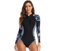 LOCIIXAT Womens Zipper Front One Piece Swimsuit Long Sleeve Rashguards Swimwear Surfing Swimming Costume, Black 14-16 UK