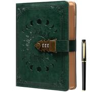 Lock Diary with Pen, A5 Ruled 240 Pages PU Leather Journal with Lock, Refillable Hardcover journals for Writing Personal Planner Organizer for Men and Women, Size A5(8.5 × 5.9 Inch) Blackish Green
