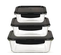 LOCK & LOCK Glass Storage Containers, Square Set of 3 - Oven Safe Glass for Fridge, Freezer & Microwave with Snap Closure Airtight Lid - Casserole Dish Set Tableware