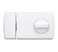 Lock Model New White Blister | Sturdy two-door locking latch, operation inside by rotary knob and outside by key, includes 2 keys