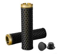 Lock on mountain bike grips with 3D printed materials and shock absorption, designed for demanding terrain use and to reduce fatigue on long cycling (black-gold)