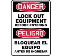 Lock Out Equipment Before Entering OSHA Danger Spanish/English Bilingual Sign, Aluminum 14" x 10", Made in USA - AccuformNMC, SBMLKT015VA
