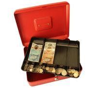 Lockable 12" Steel Cash Box - Money Organiser Safe With Note & Coin Tray, Cylinder Lock & Carry Handle - H9 X W30 X D24Cm, Red