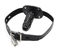 Lockable Dildo Mouth Gag SM Realistic Black Silicon Penis Gag Adjustable Leather Strap On with Lock Fantasy Sex Toys for Couple (3.9 Inch/10cm)