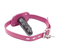 Lockable Dildo Mouth Gag SM Realistic Black Silicon Penis Gag Adjustable Leather Strap On with Lock Fantasy Sex Toys for Couple (Pink,Long)
