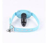 Lockable Dildo Penis Mouth Gag with Lock Bondage Leather Strap On BDSM Adult Sex Toy (Blue,Long)