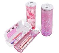 Lockable Pencil Case with Calculator, Quicksand, Mirror, Standing cylinder Shape, Cute Pen Holder, Password Lock Pen Box, Kawaii Desk Organizer for Girls, Boys, Kids, School Supplies(Sakura forest)
