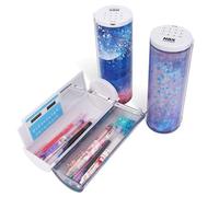 Lockable Pencil Case with Calculator, Quicksand, Mirror, Standing cylinder Shape, Cute Pen Holder, Password Lock Pen Box, Kawaii Desk Organizer for Girls, Boys, Kids, School Supplies(Sakura Night)