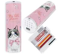 Lockable Pencil Case with Calculator, Standing Cylinder Shape, Multifunctional Password Lock Pen Box, Locking Desk Organizer, Cute Patterns for Girls, Boys, Kids, School Supplies(Princess Cat)
