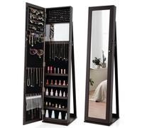 Lockable Standing Jewelry Armoire with Full-Length Mirror - Coffee, Velvet Lined, 38x38x157 cm, Secure Necklace & Earring Storage