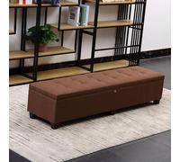 Lockable Storage Ottoman Bench Large Foot Stool with Upholstered Linen Rectangular Wooden Storage Box for Shoes Versatile Brown Plaid Design (59in/150cm)