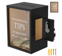 Lockable Tip Box with 2 Keys, Wooden Acrylic Tip Jar, Countertop Money Box with Clear Window for Cash, Coins, Donations, Ballots, Receipts, Weddings, Cafes, Salons, Churches(15x12x20cm)
