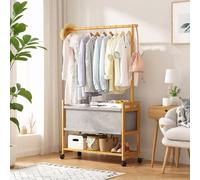 Lockable Wheel Coat Rack with Hanging Rail, Solid Wood Garment Stand with Storage Basket and Shelf for Bedroom