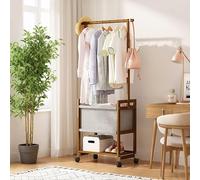 Lockable Wheel Coat Rack with Hanging Rail, Solid Wood Garment Stand with Storage Basket and Shelf for Bedroom