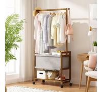 Lockable Wheel Coat Rack with Hanging Rail, Solid Wood Garment Stand with Storage Basket and Shelf for Bedroom