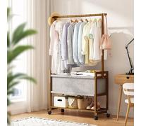 Lockable Wheel Coat Rack with Hanging Rail, Solid Wood Garment Stand with Storage Basket and Shelf for Bedroom
