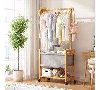 Lockable Wheel Coat Rack with Hanging Rail, Solid Wood Garment Stand with Storage Basket and Shelf for Bedroom