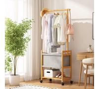 Lockable Wheeled Coat Rack, Solid Wood Garment Stand with Storage Basket Shelf, Standing Clothes Rail for Bedroom, Natural Wood Finish, Space-Saving Design