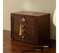 Lockable Wooden Jewelry Organizer Box with Mirror & Brass Handle, 4 Drawers and 2 Side Doors for Watches Necklaces Rings Earrings Storage Case Display