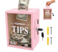 Lockable Wooden Tip Box with Clear Acrylic Window, Large Money Saving Jar Money Bank Boxes Container for Cash Saving with 2 Key Donation Box for Restaurant Bar Cafe Charity, 15*12*20 cm(pink)