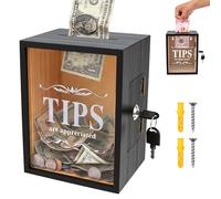 Lockable Wooden Tip Box with Clear Acrylic Window, Large Money Saving Jar Money Bank Boxes Container for Cash Saving with 2 Key Donation Box for Restaurant Bar Cafe Charity, 15*12*20 cm(black)