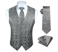Lockenstab Men's Paisley Vest Floral Jacquard Tie Pocket Square Handkerchief Wedding Party Business Fit Vest Suit Set, Grey-2, L