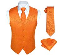 Lockenstab Men's Paisley Vest Floral Jacquard Tie Pocket Square Handkerchief Wedding Party Business Fit Vest Suit Set, Orange-n, S