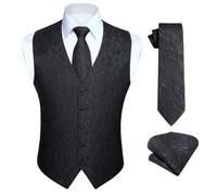 Lockenstab Men's Paisley Vest Floral Jacquard Tie Pocket Square Handkerchief Wedding Party Business Fit Vest Suit Set, Black-n, 4XL