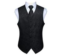 Lockenstab Men's Paisley Vest Floral Jacquard Tie Pocket Square Handkerchief Wedding Party Business Fit Vest Suit Set, Black-2, 4XL