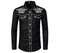Lockenstab Mens Stylish Western Cowboy Shirt Embroidered Slim Fit Casual Long Sleeve Shirts Mens Wedding Party Shirt(Black-01,L)