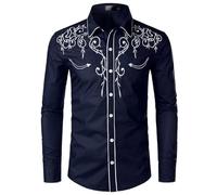 Lockenstab Mens Stylish Western Cowboy Shirt Embroidered Slim Fit Casual Long Sleeve Shirts Mens Wedding Party Shirt(Navy,XL)