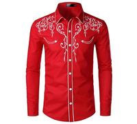 Lockenstab Mens Stylish Western Cowboy Shirt Embroidered Slim Fit Casual Long Sleeve Shirts Mens Wedding Party Shirt(Red,S)