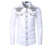 Lockenstab Mens Stylish Western Cowboy Shirt Embroidered Slim Fit Casual Long Sleeve Shirts Mens Wedding Party Shirt(White-01,M)